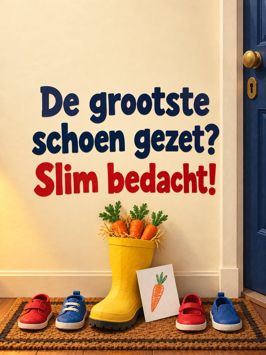 Sinterklaasplaatje met de tekst ‘De grootste schoen gezet?’ en ‘Slim bedacht!’ – grote regenlaars tussen kleine schoenen, wortels in de laars, schoenen bij de voordeur