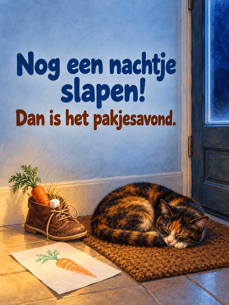 Sinterklaasplaatje met de tekst ‘Nog een nachtje slapen!’ en ‘Dan is het pakjesavond.’ – schoen bij de voordeur, lapjeskat slaapt op de deurmat, de avond voor pakjesavond