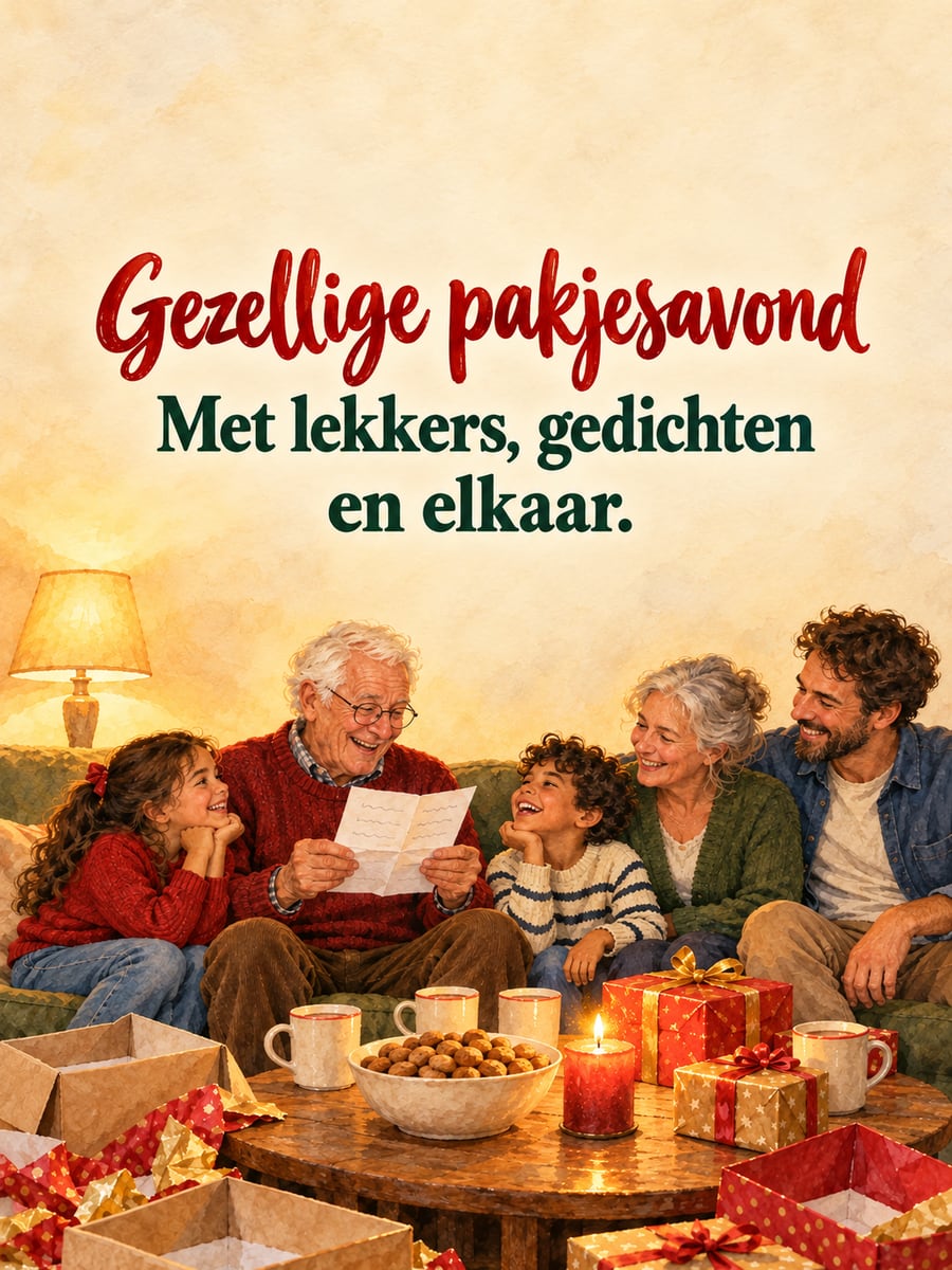Sinterklaasplaatje met de tekst ‘Gezellige pakjesavond’ en ‘Met lekkers, gedichten en elkaar.’ – familie leest gedichten voor, pakjesavond in de woonkamer, kruidnoten en chocolademelk