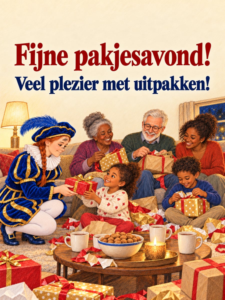 Sinterklaasplaatje met de tekst ‘Fijne pakjesavond!’ en ‘Veel plezier met uitpakken!’ – gezin pakt cadeautjes uit, roetveegpiet geeft een cadeautje, pakjesavond in de woonkamer