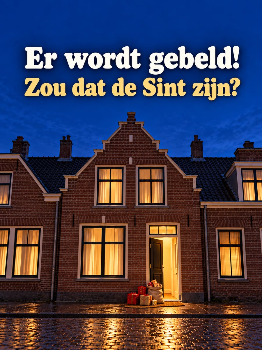 Sinterklaasplaatje met de tekst ‘Er wordt gebeld!’ en ‘Zou dat de Sint zijn?’ – zak met cadeautjes op de deurmat, voordeur op een kier, natte straat in de avond