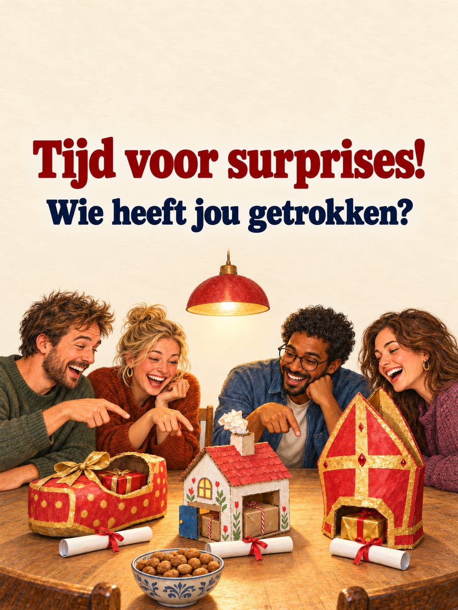 Sinterklaasplaatje met de tekst ‘Tijd voor surprises!’ en ‘Wie heeft jou getrokken?’ – zelfgemaakte surprises, volwassenen rond de tafel, lootjes trekken