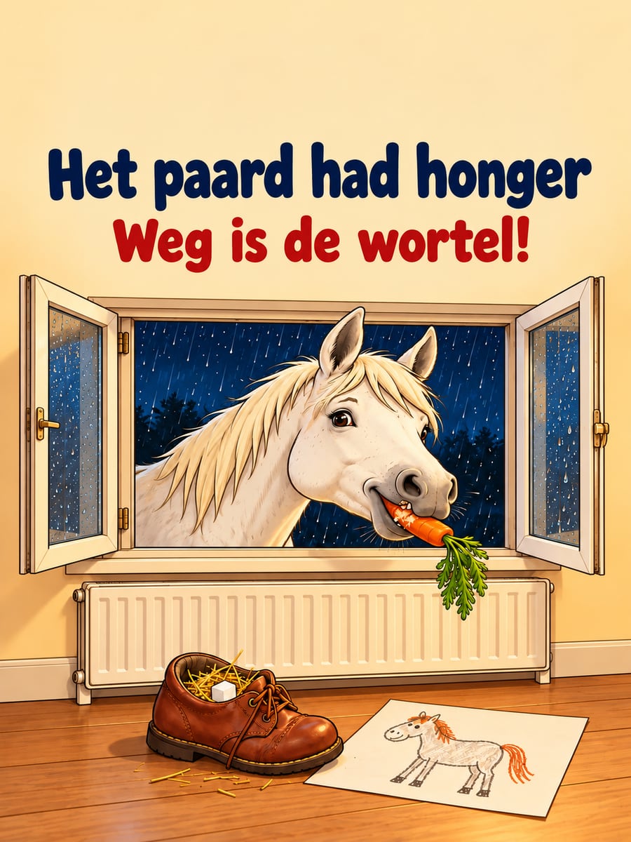 Sinterklaasplaatje met de tekst ‘Het paard had honger’ en ‘Weg is de wortel!’ – paard eet de wortel uit de schoen, schoen bij de verwarming, paardenhoofd door het raam