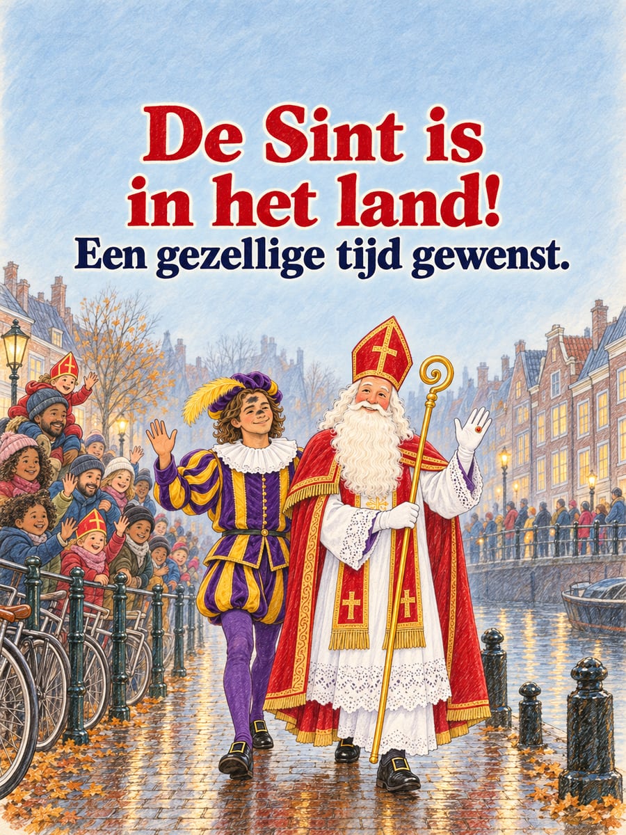 Sinterklaasplaatje met de tekst ‘De Sint is in het land!’ en ‘Een gezellige tijd gewenst.’ – sinterklaas en piet op de kade, kinderen zwaaien bij de gracht, intocht van sinterklaas