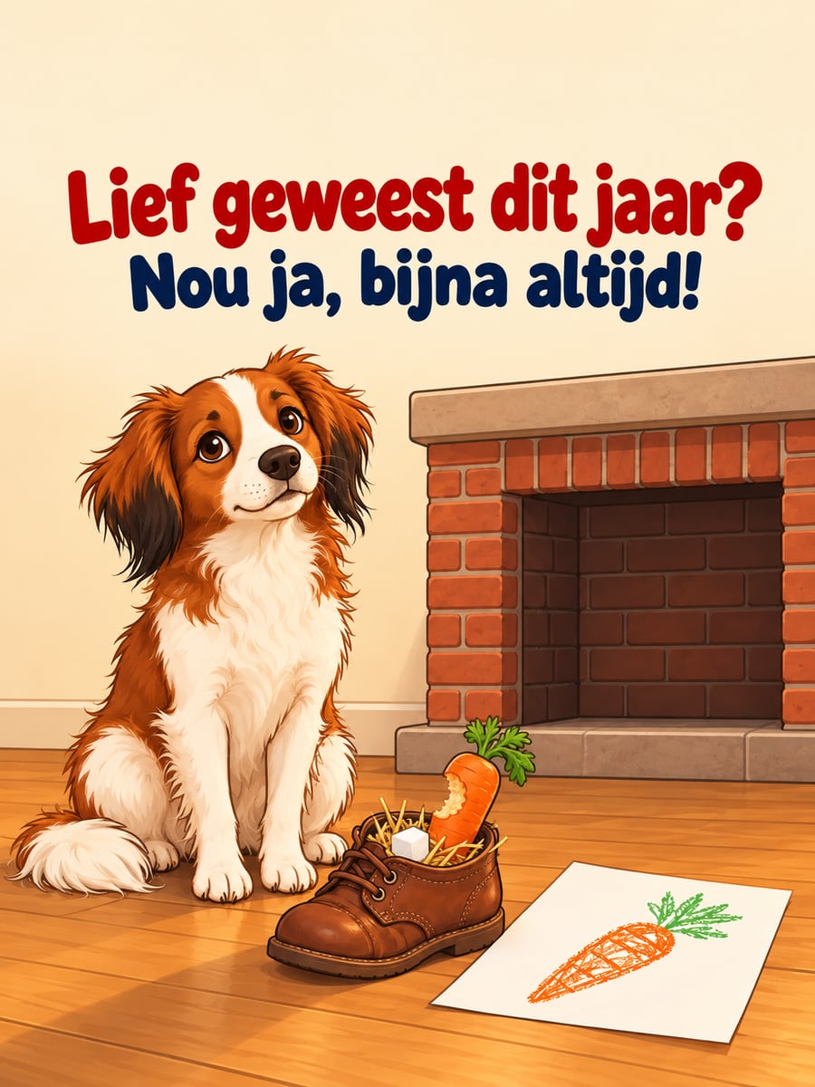 Sinterklaasplaatje met de tekst ‘Lief geweest dit jaar?’ en ‘Nou ja, bijna altijd!’ – kooikerhondje naast de schoen, wortel met een hap eruit, schoen bij de open haard