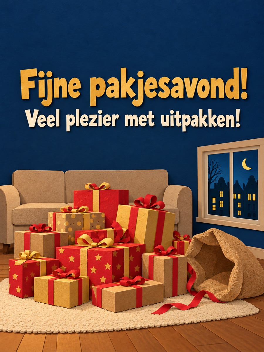 Sinterklaasplaatje met de tekst ‘Fijne pakjesavond!’ en ‘Veel plezier met uitpakken!’ – stapel cadeautjes op het kleed, lege jutezak, pakjesavond