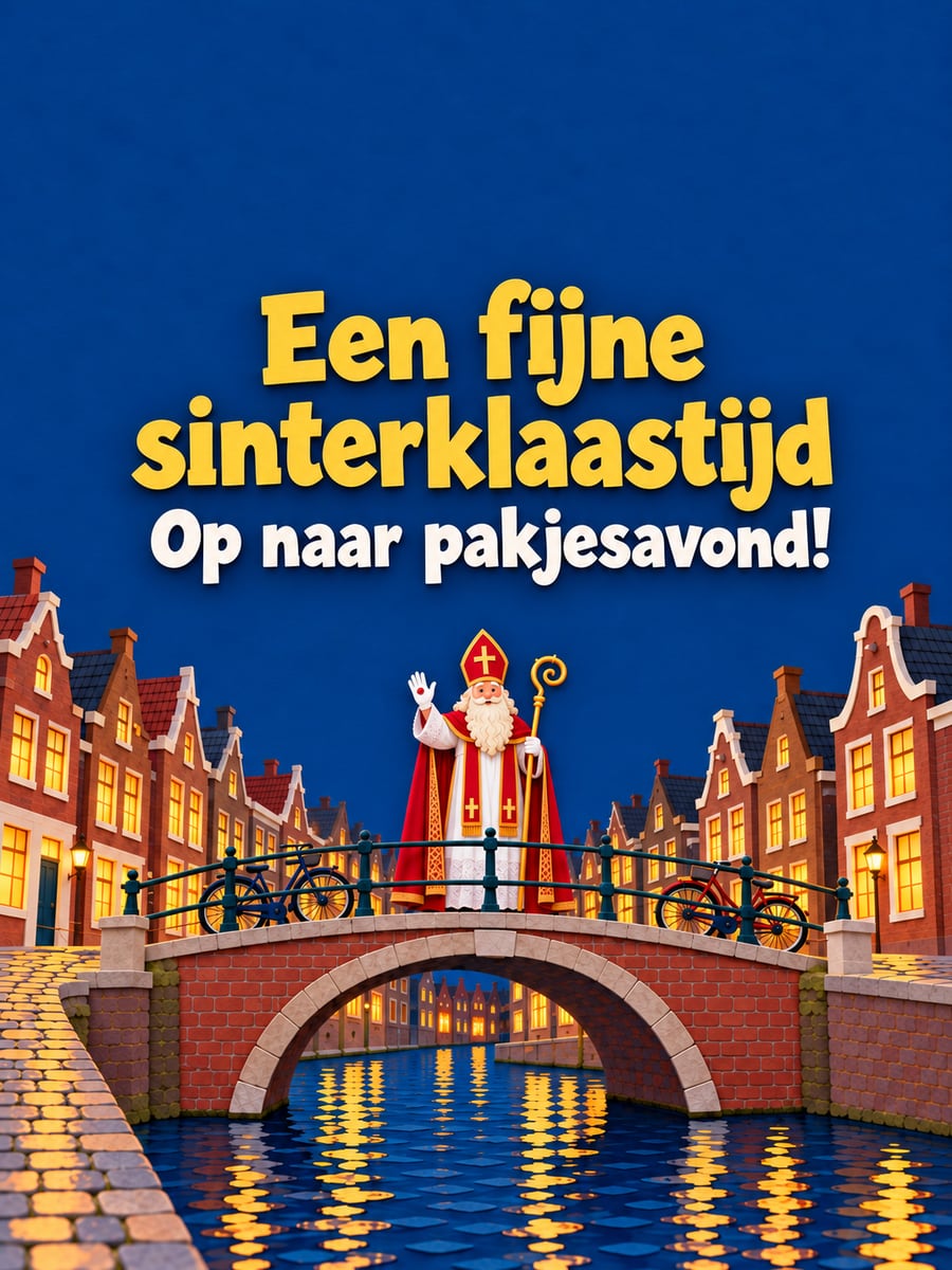 Sinterklaasplaatje met de tekst ‘Een fijne sinterklaastijd’ en ‘Op naar pakjesavond!’ – sinterklaas op een bruggetje, gracht met verlichte ramen, fietsen bij de brug