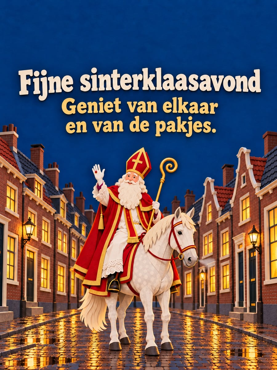 Sinterklaasplaatje met de tekst ‘Fijne sinterklaasavond’ en ‘Geniet van elkaar en van de pakjes.’ – sinterklaas te paard in de straat, verlichte ramen na de regen, natte keien