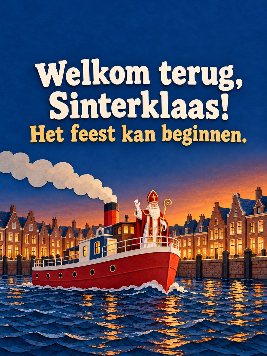Sinterklaasplaatje met de tekst ‘Welkom terug, Sinterklaas!’ en ‘Het feest kan beginnen.’ – stoomboot met sinterklaas aan dek, kade met oude huizen, aankomst van de stoomboot