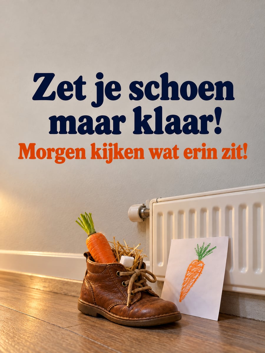 Sinterklaasplaatje met de tekst ‘Zet je schoen maar klaar!’ en ‘Morgen kijken wat erin zit!’ – schoen met wortel en hooi, tekening van een kind, schoen bij de verwarming
