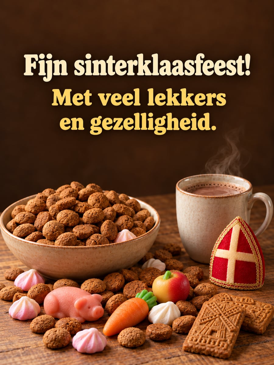 Sinterklaasplaatje met de tekst ‘Fijn sinterklaasfeest!’ en ‘Met veel lekkers en gezelligheid.’ – schaal met kruidnoten, schuimpjes en marsepein, warme chocolademelk