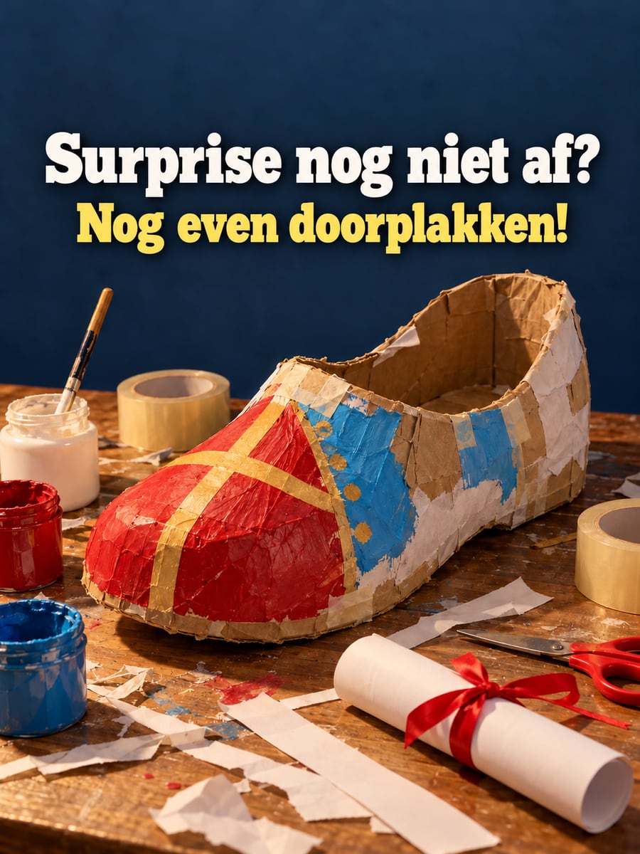 Sinterklaasplaatje met de tekst ‘Surprise nog niet af?’ en ‘Nog even doorplakken!’ – surprise in de maak, plakband en verf, grote schoen van karton