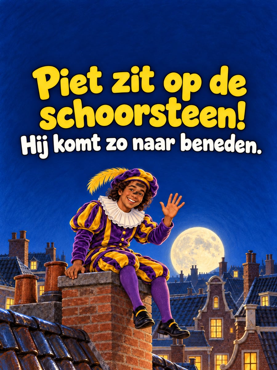 Sinterklaasplaatje met de tekst ‘Piet zit op de schoorsteen!’ en ‘Hij komt zo naar beneden.’ – roetveegpiet op de schoorsteen, daken bij maanlicht, volle maan