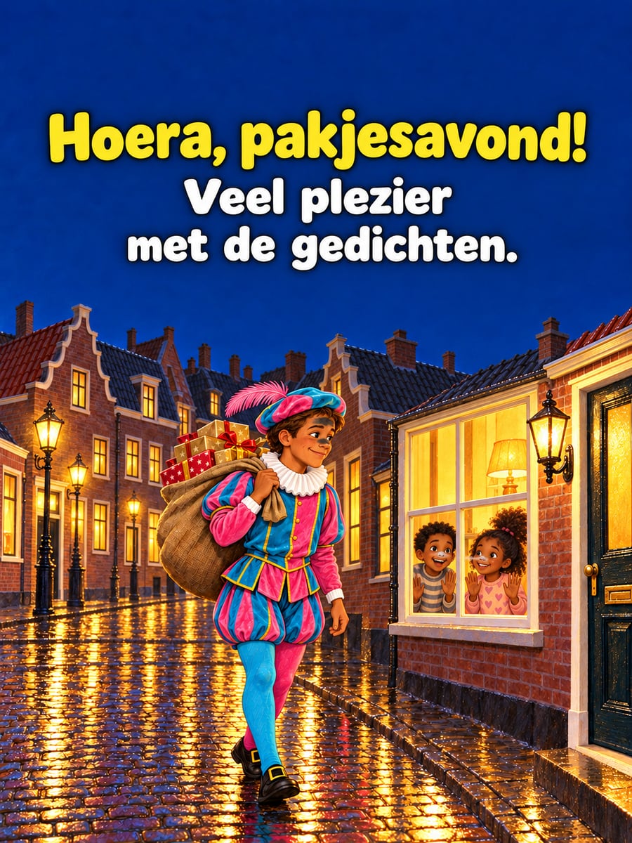 Sinterklaasplaatje met de tekst ‘Hoera, pakjesavond!’ en ‘Veel plezier met de gedichten.’ – roetveegpiet met een zak cadeautjes, kinderen achter het raam, straat in de avond