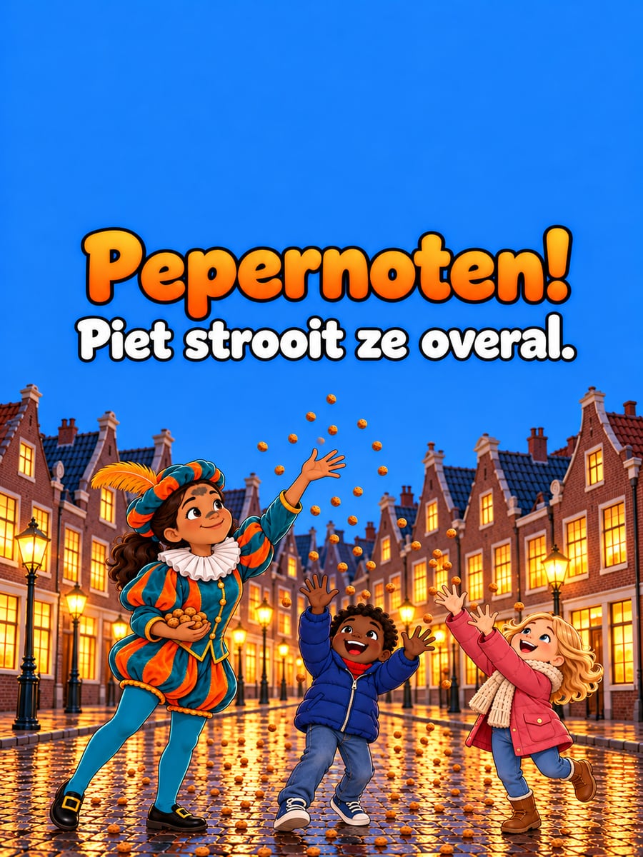 Sinterklaasplaatje met de tekst ‘Pepernoten!’ en ‘Piet strooit ze overal.’ – roetveegpiet strooit pepernoten, kinderen vangen pepernoten, straat met oude huizen