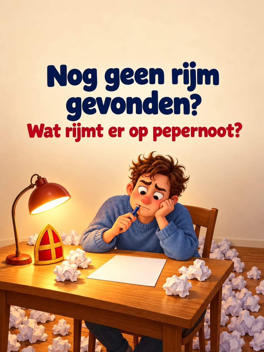 Sinterklaasplaatje met de tekst ‘Nog geen rijm gevonden?’ en ‘Wat rijmt er op pepernoot?’ – sinterklaasgedicht schrijven, proppen papier, blanco vel papier