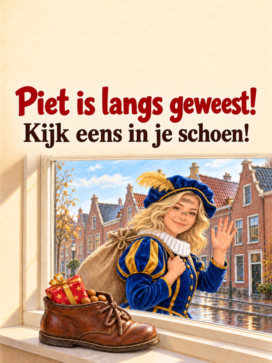 Sinterklaasplaatje met de tekst ‘Piet is langs geweest!’ en ‘Kijk eens in je schoen!’ – schoen met een cadeautje, roetveegpiet zwaait voor het raam, ochtendlicht bij het raam