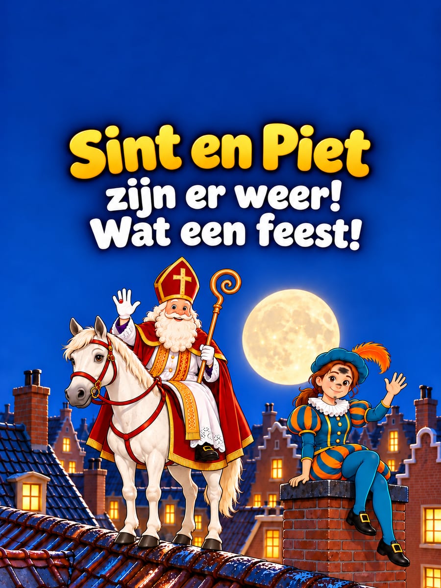 Sinterklaasplaatje met de tekst ‘Sint en Piet zijn er weer!’ en ‘Wat een feest!’ – sinterklaas op zijn paard, roetveegpiet op de schoorsteen, daken bij maanlicht