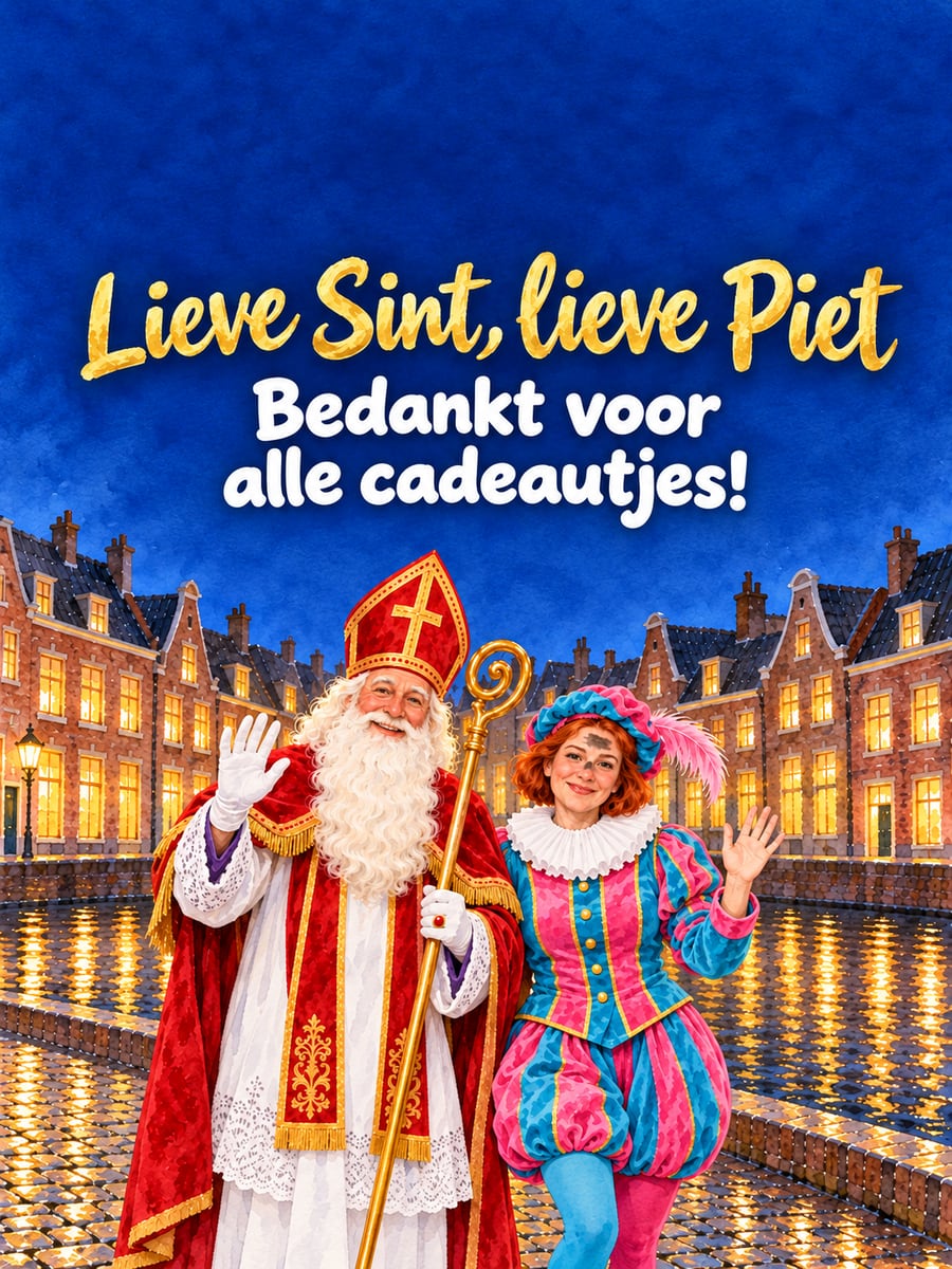 Sinterklaasplaatje met de tekst ‘Lieve Sint, lieve Piet’ en ‘Bedankt voor alle cadeautjes!’ – sinterklaas en roetveegpiet langs de gracht, zwaaien naar de kijker, natte straat in de avond