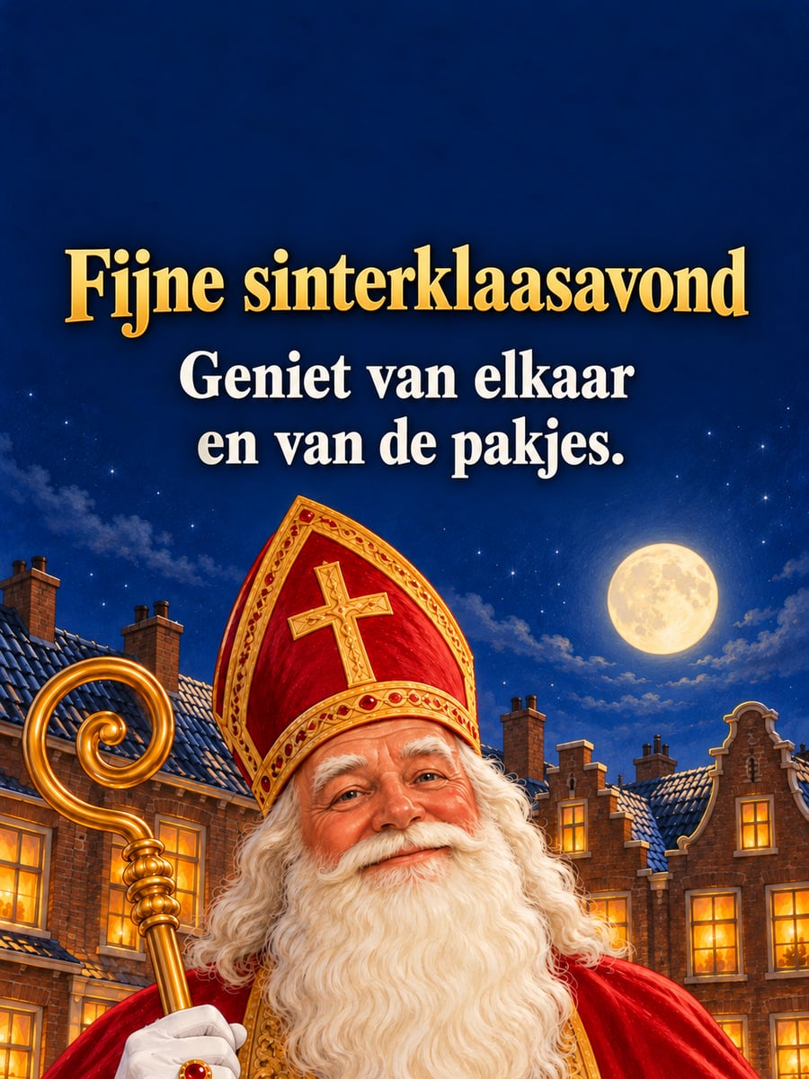 Sinterklaasplaatje met de tekst ‘Fijne sinterklaasavond’ en ‘Geniet van elkaar en van de pakjes.’ – sinterklaas met mijter en staf, oude huizen met trapgevels, verlichte ramen in de avond