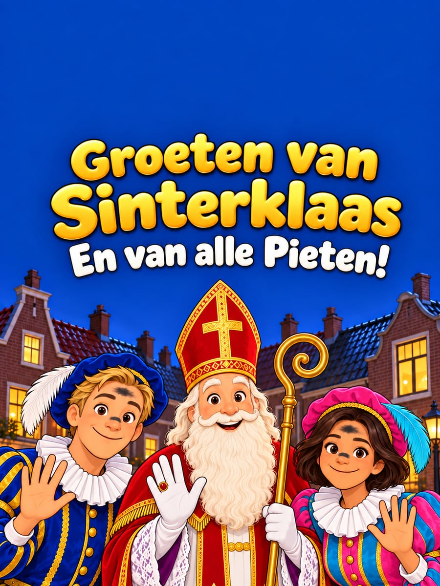 Sinterklaasplaatje met de tekst ‘Groeten van Sinterklaas’ en ‘En van alle Pieten!’ – sinterklaas met twee roetveegpieten, zwaaien naar de kijker, groepsfoto in de schemering