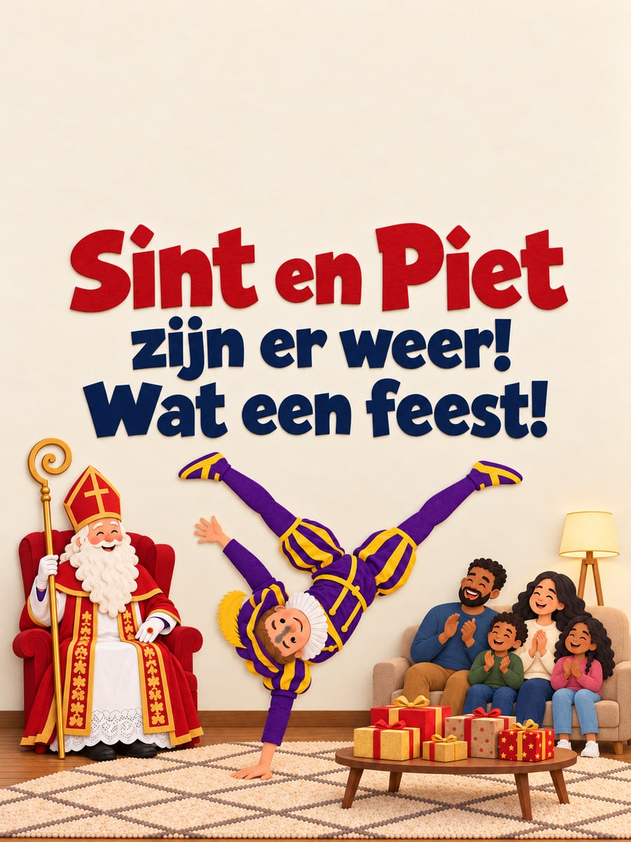 Sinterklaasplaatje met de tekst ‘Sint en Piet zijn er weer!’ en ‘Wat een feest!’ – sinterklaas op bezoek, roetveegpiet maakt een radslag, gezin in de woonkamer