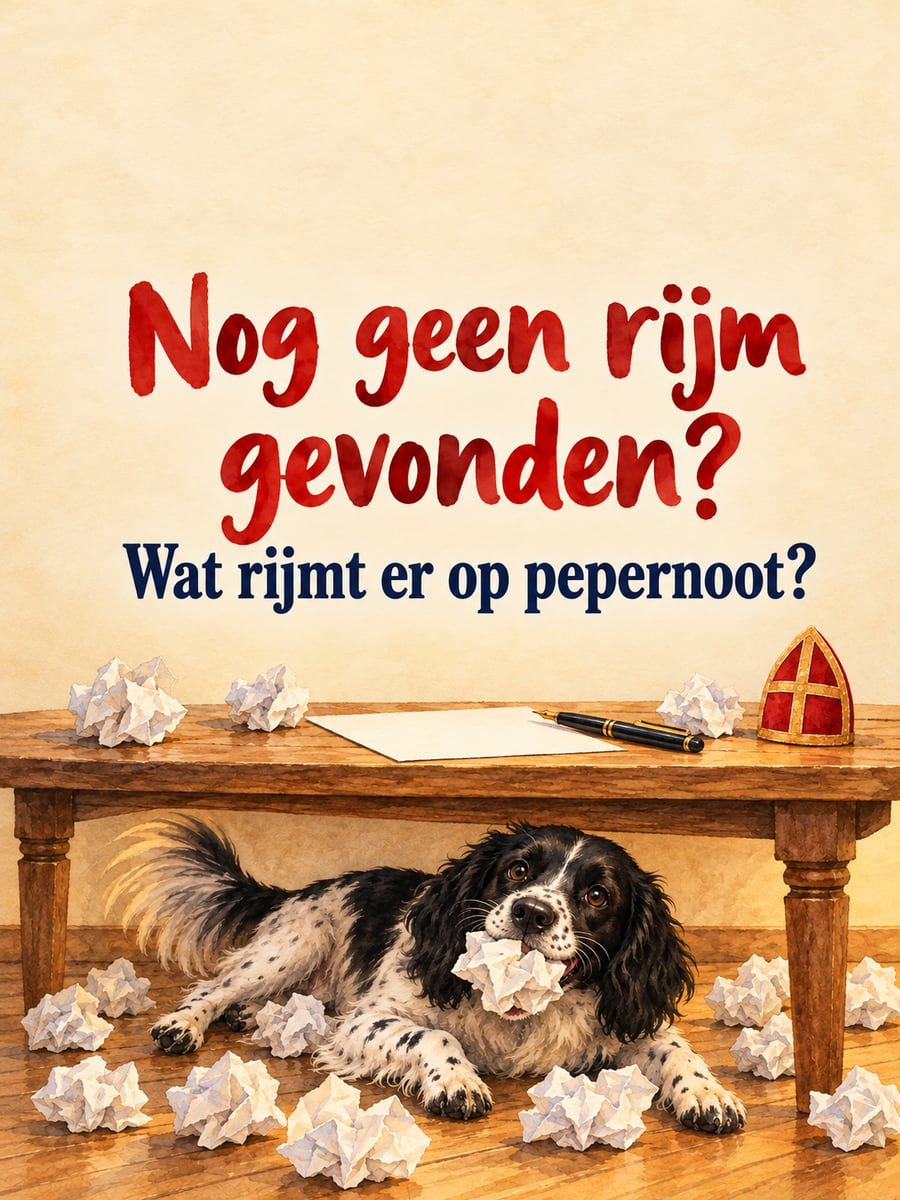 Sinterklaasplaatje met de tekst ‘Nog geen rijm gevonden?’ en ‘Wat rijmt er op pepernoot?’ – friese stabij met proppen papier, tafel met een blanco vel