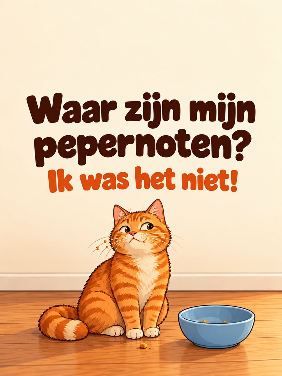 Sinterklaasplaatje met de tekst ‘Waar zijn mijn pepernoten?’ en ‘Ik was het niet!’ – rode kat naast een lege schaal, kruimels op de snorharen