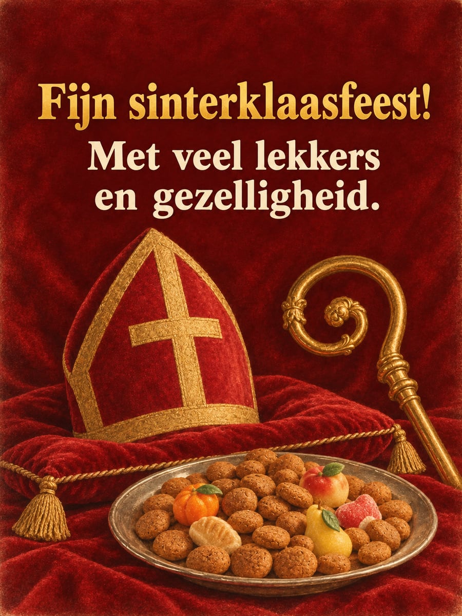 Sinterklaasplaatje met de tekst ‘Fijn sinterklaasfeest!’ en ‘Met veel lekkers en gezelligheid.’ – mijter en staf, schaaltje kruidnoten, ouderwetse ansichtkaart