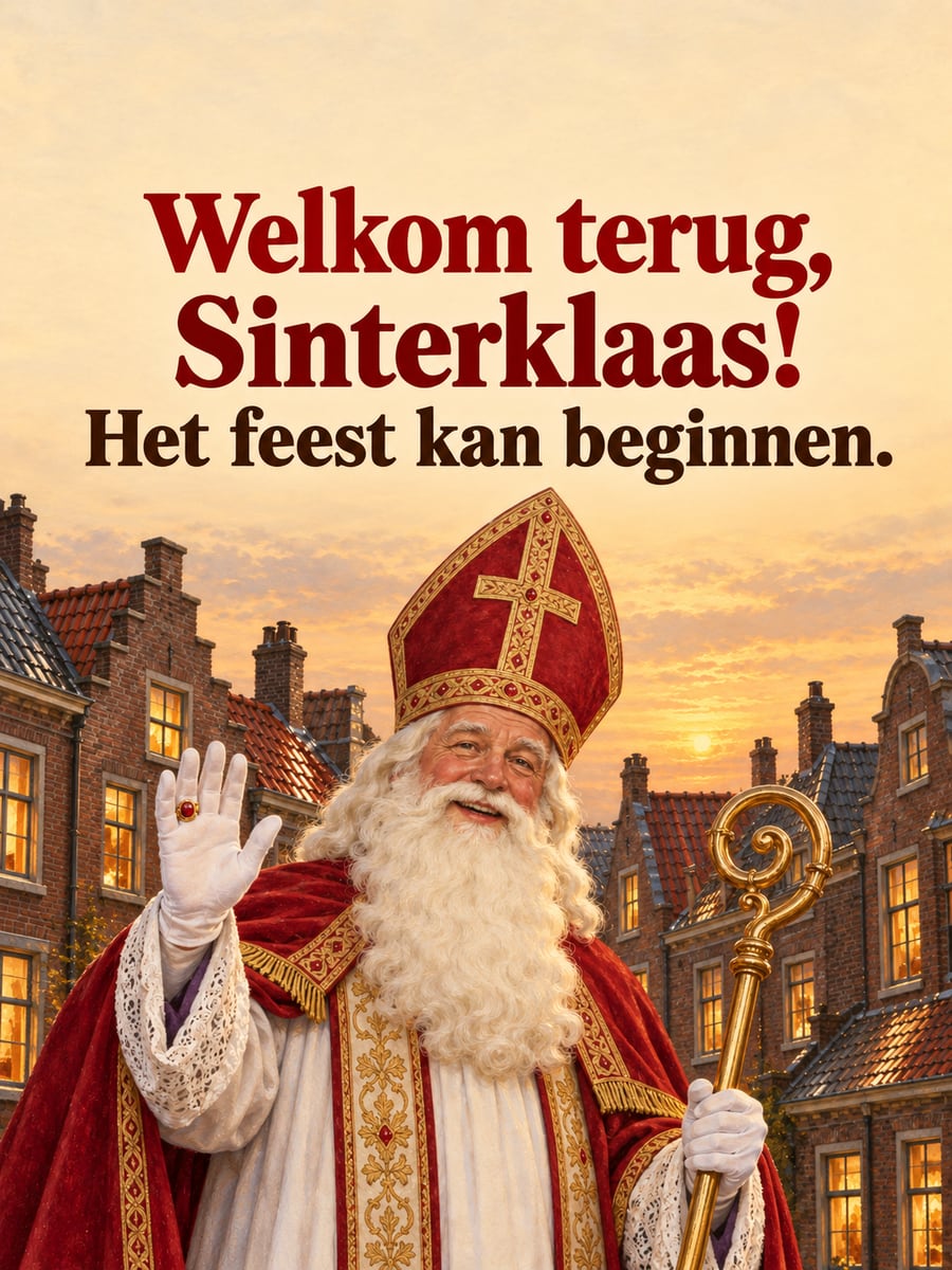 Sinterklaasplaatje met de tekst ‘Welkom terug, Sinterklaas!’ en ‘Het feest kan beginnen.’ – sinterklaas zwaait, ouderwetse ansichtkaart, trapgevels in de avond
