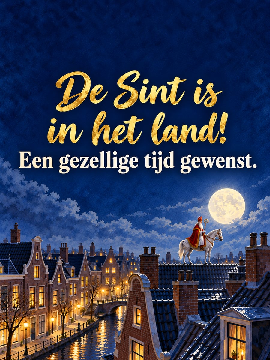 Sinterklaasplaatje met de tekst ‘De Sint is in het land!’ en ‘Een gezellige tijd gewenst.’ – sinterklaas op zijn paard op het dak, daken bij maanlicht, gracht in de avond