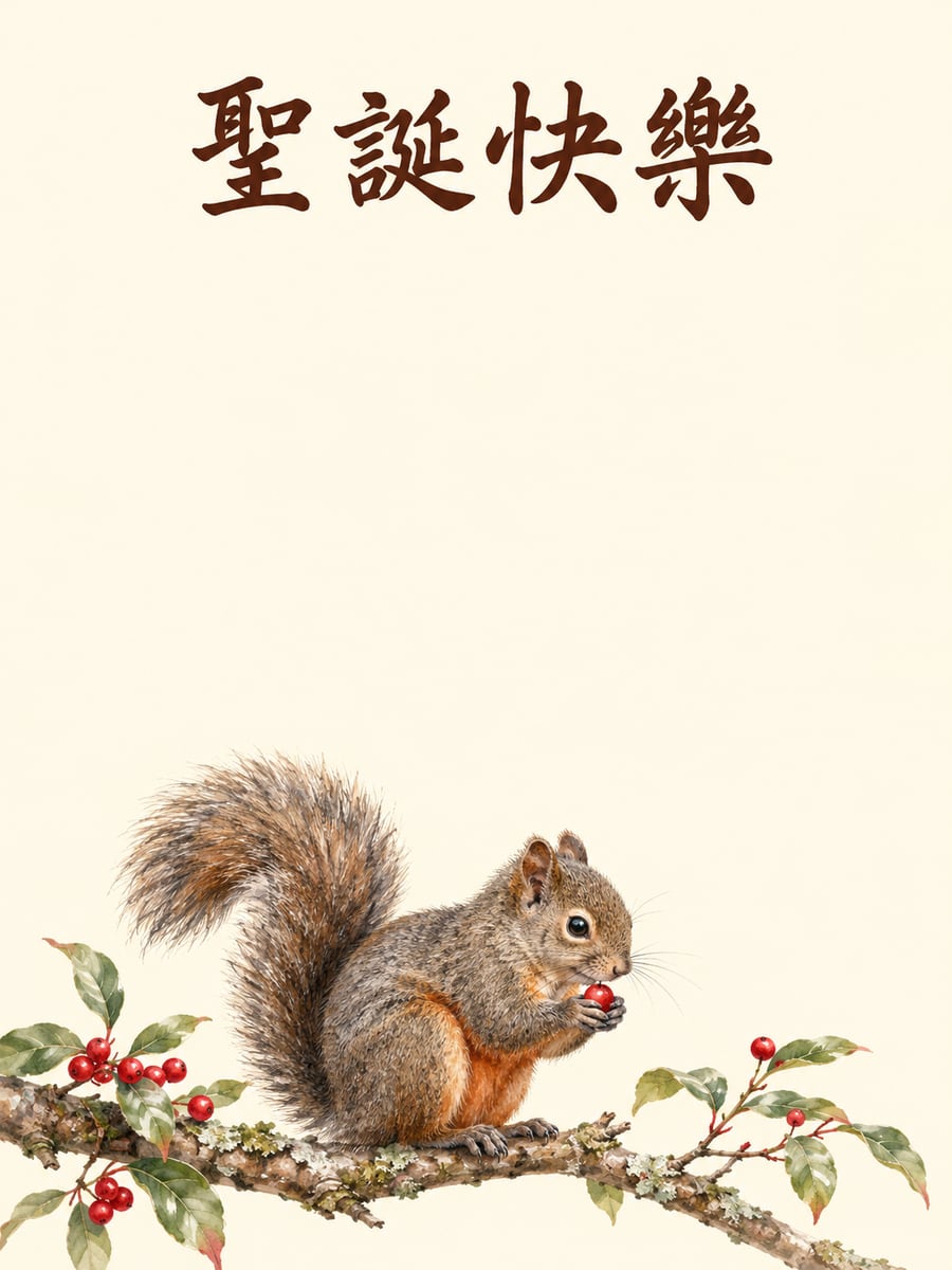 赤腹松鼠捧紅果。圖中文字：聖誕快樂