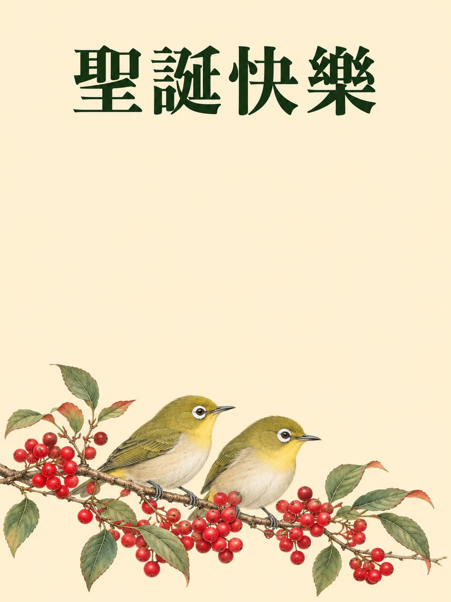 綠繡眼與紅果。圖中文字：聖誕快樂