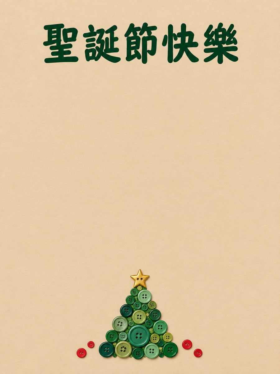 鈕扣拼成的小樹。圖中文字：聖誕節快樂