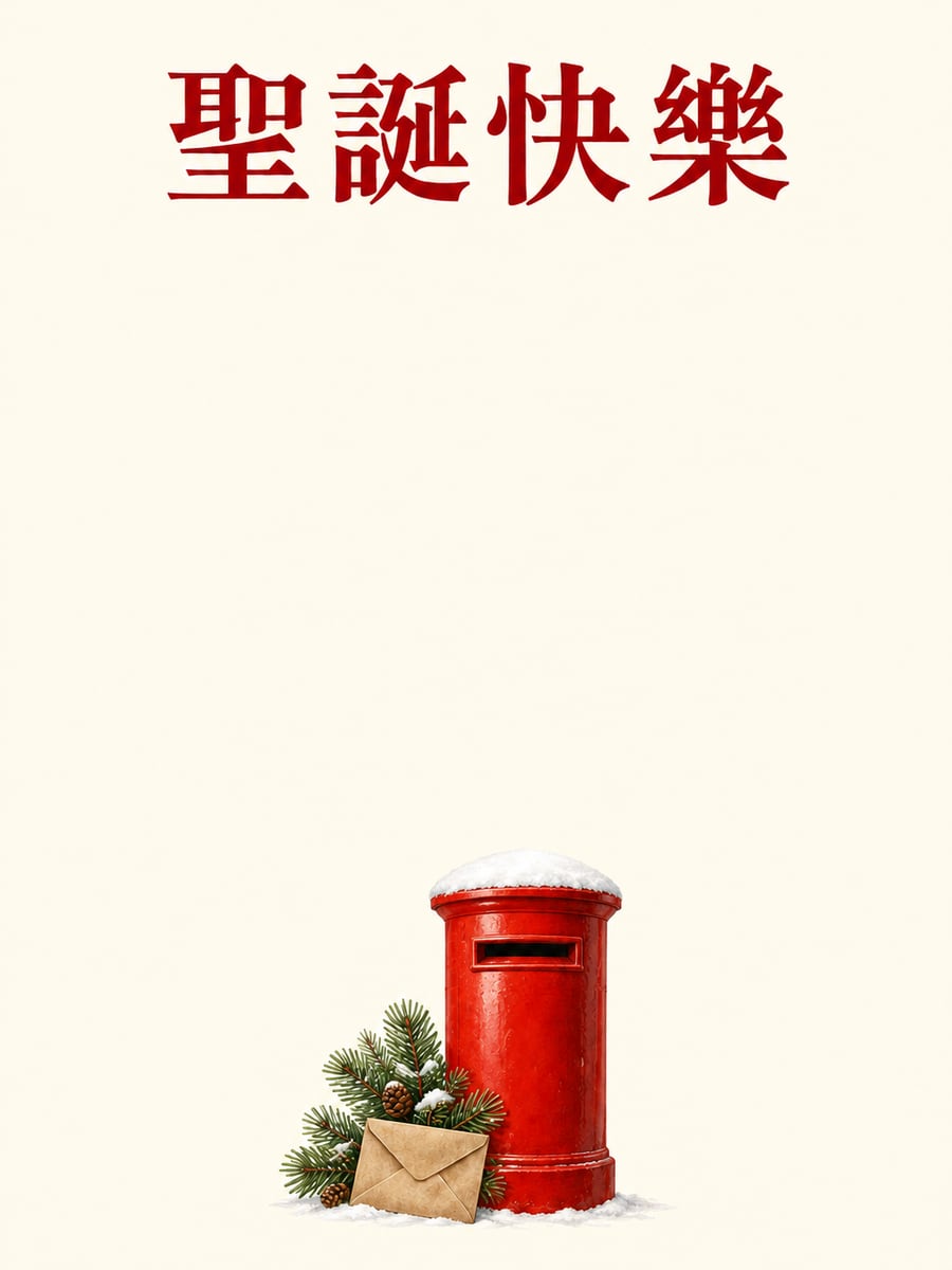 紅色郵筒與松枝。圖中文字：聖誕快樂