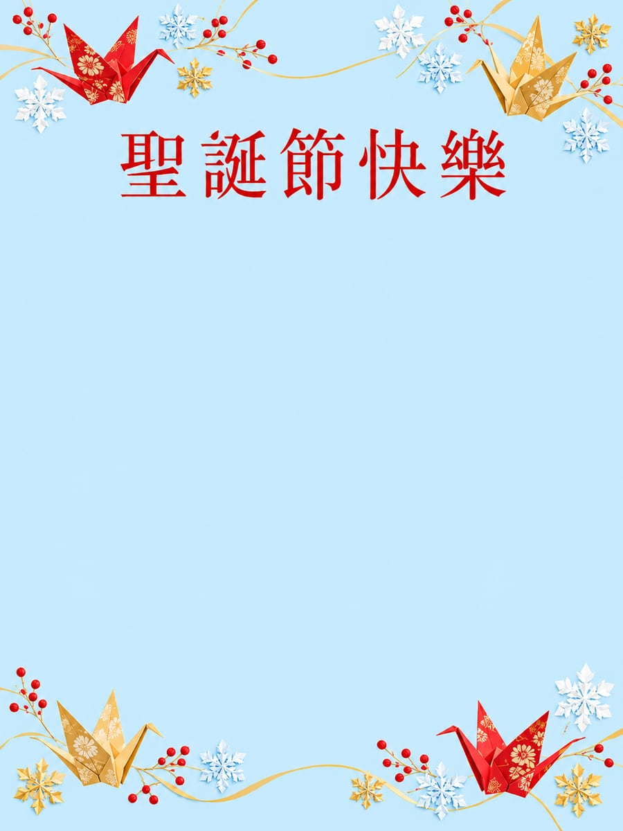 紅色紙鶴與雪花。圖中文字：聖誕節快樂