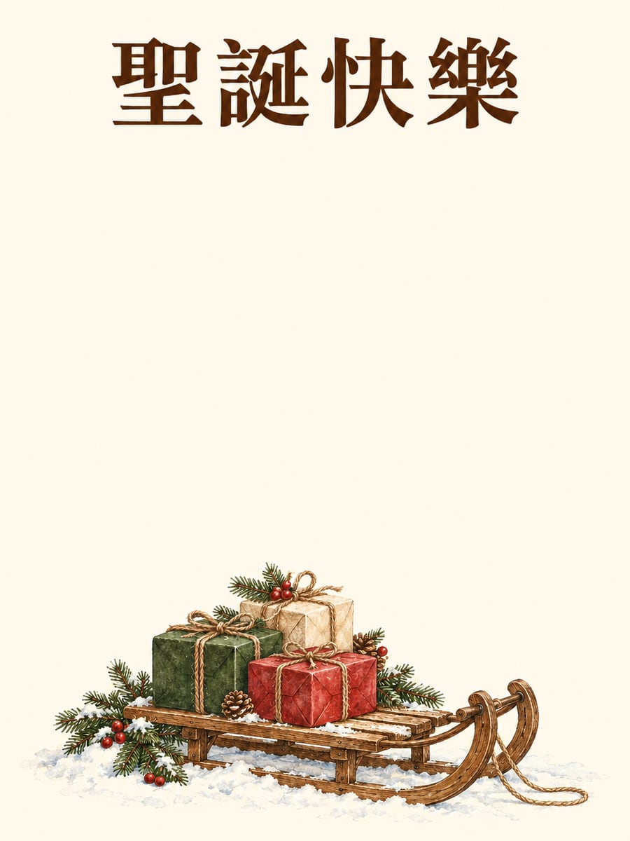 載滿禮物的小雪橇。圖中文字：聖誕快樂