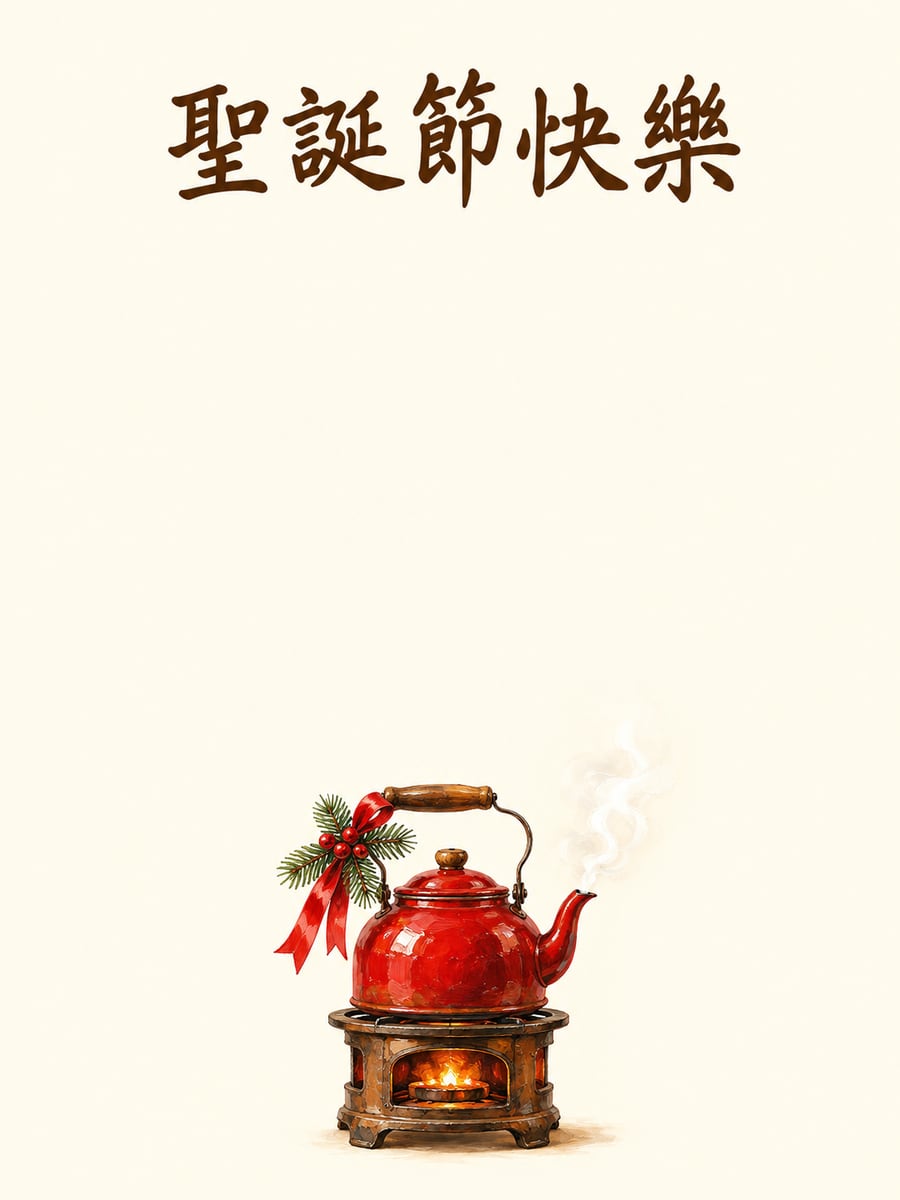 爐上冒煙的水壺。圖中文字：聖誕節快樂
