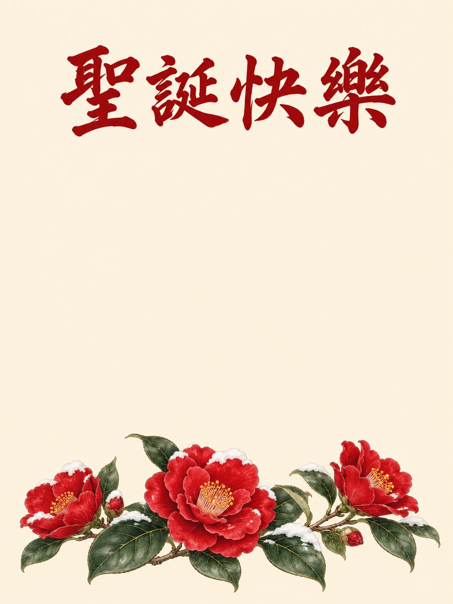 雪中紅山茶。圖中文字：聖誕快樂
