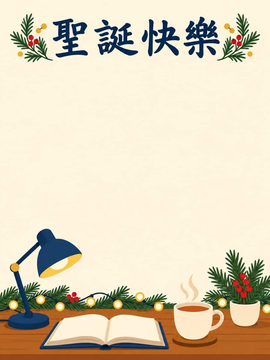 冬夜書桌。圖中文字：聖誕快樂