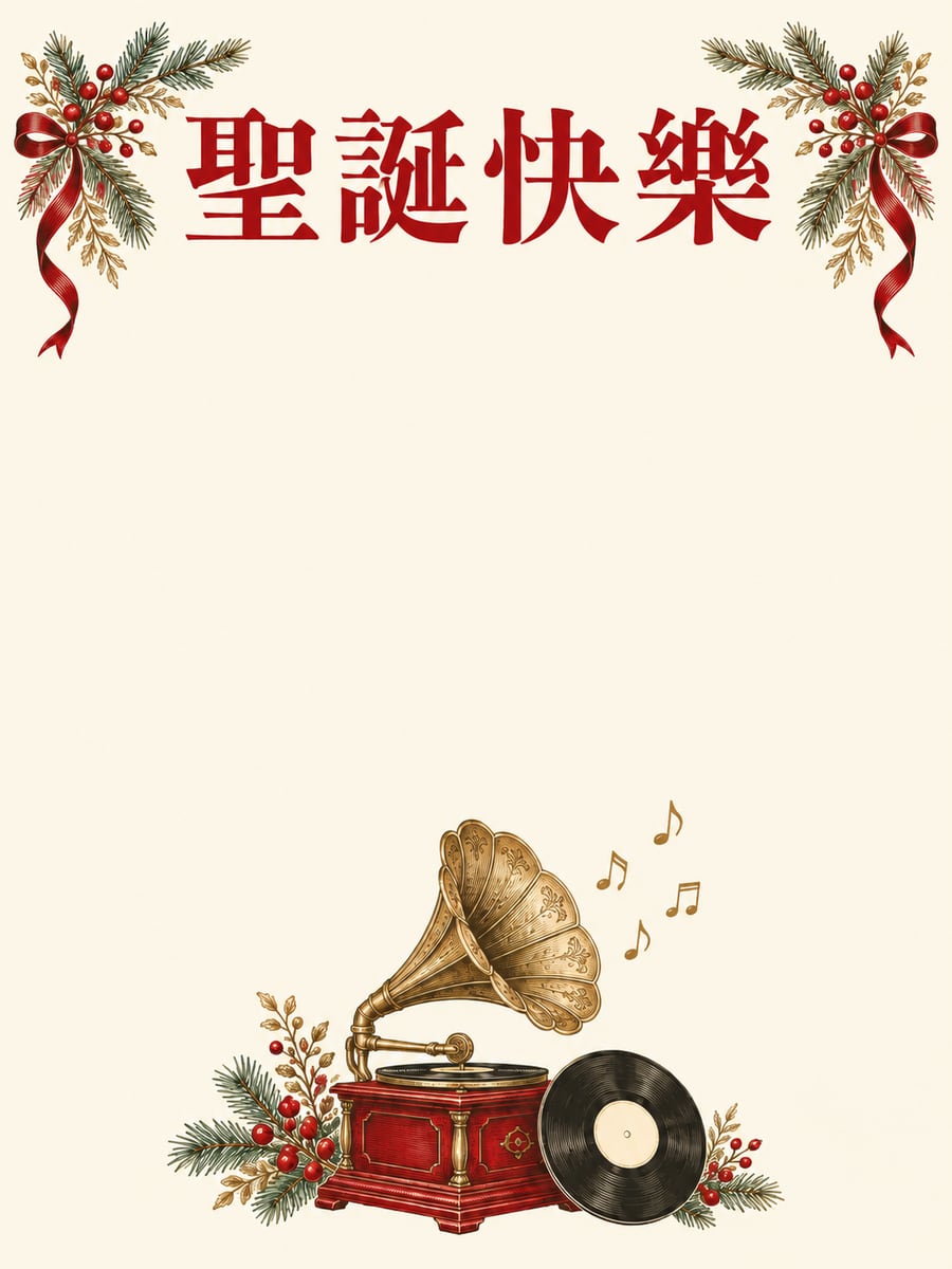 留聲機與音符。圖中文字：聖誕快樂