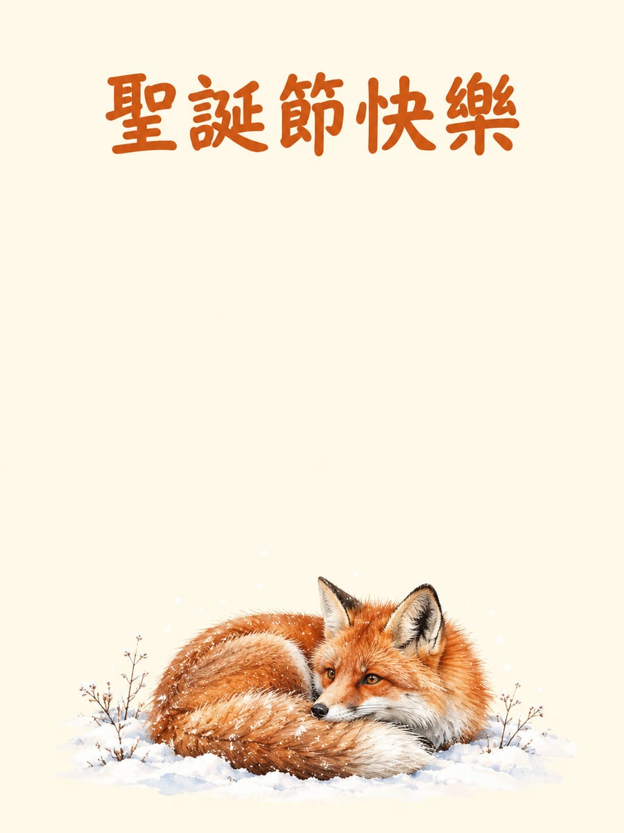 雪地裡的紅狐。圖中文字：聖誕節快樂