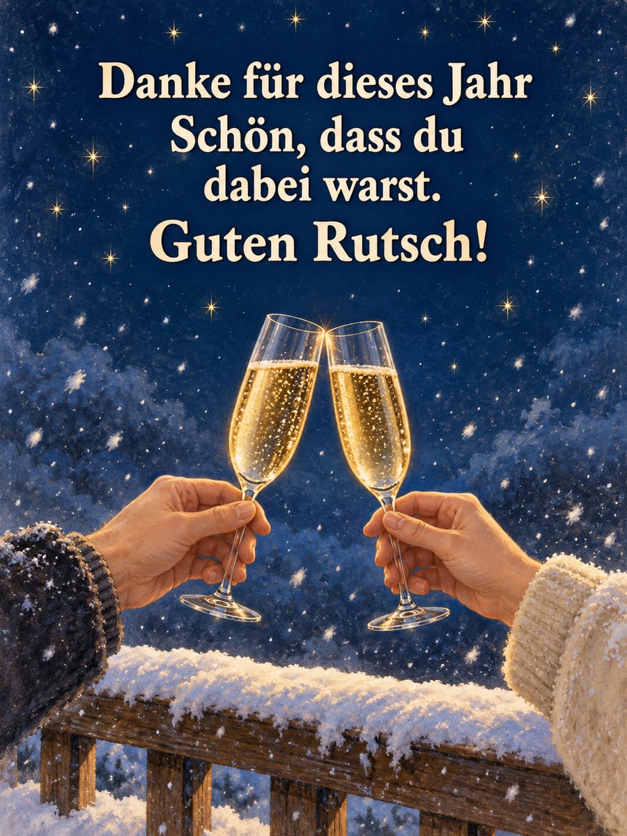 Bild zum Jahreswechsel mit dem Text „Danke für dieses Jahr“ und „Schön, dass du dabei warst. Guten Rutsch!“ – Motiv: Sektgläser, Balkon, Hände, Sterne