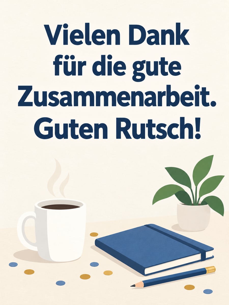 Bild zum Jahreswechsel mit dem Text „Vielen Dank“ und „für die gute Zusammenarbeit. Guten Rutsch!“ – Motiv: Tasse, Pflanze, Notizbuch, Konfetti