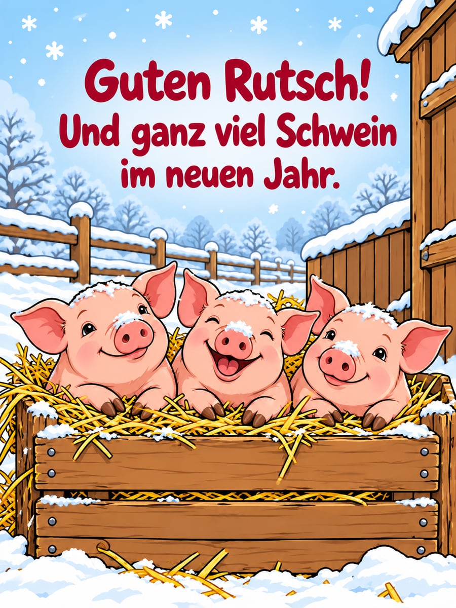 Bild zum Jahreswechsel mit dem Text „Guten Rutsch!“ und „Und ganz viel Schwein im neuen Jahr.“ – Motiv: Glücksschwein, Ferkel, Stroh, Schnee