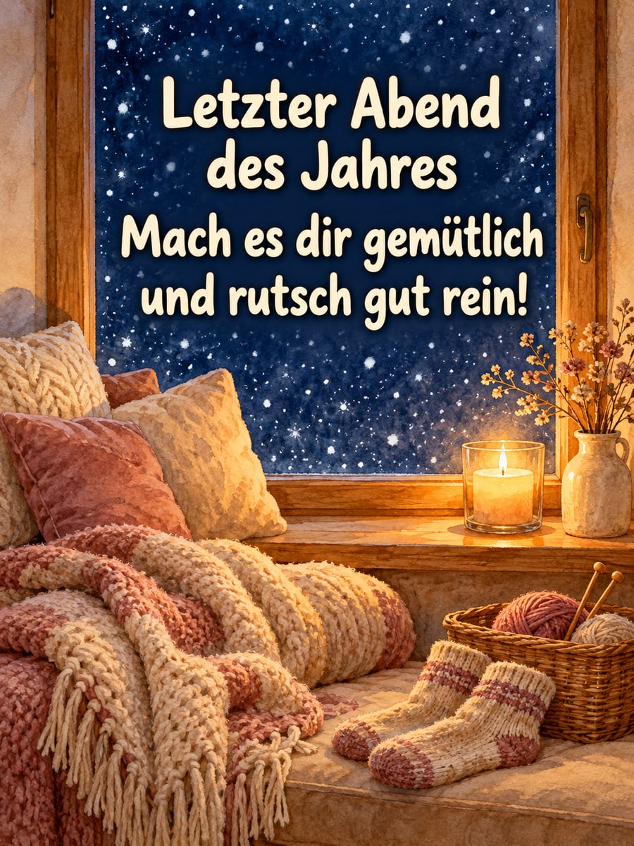 Bild zum Jahreswechsel mit dem Text „Letzter Abend des Jahres“ und „Mach es dir gemütlich und rutsch gut rein!“ – Motiv: Fensterbank, Kerze, Strickkorb, Wollsocken
