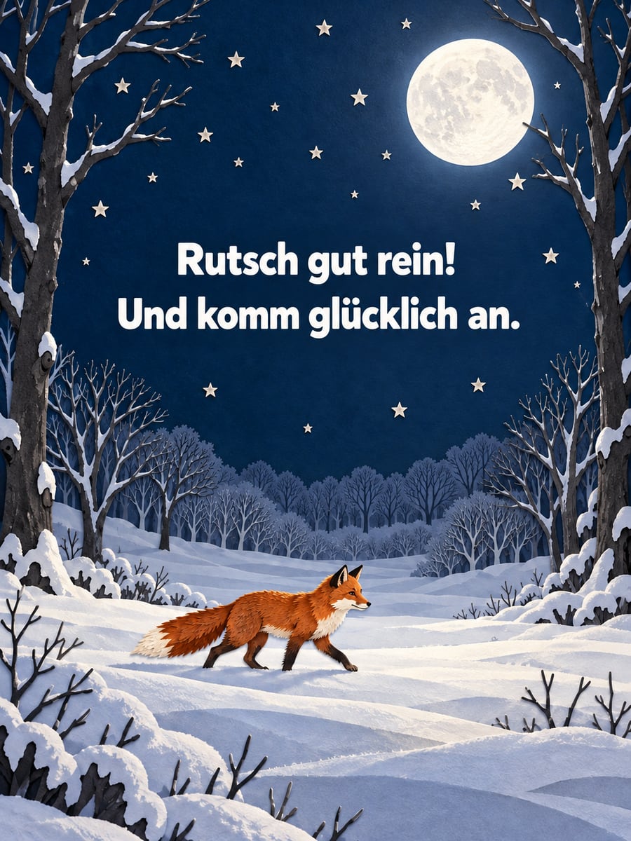 Bild zum Jahreswechsel mit dem Text „Rutsch gut rein!“ und „Und komm glücklich an.“ – Motiv: Fuchs, Mond, Wald, Schnee