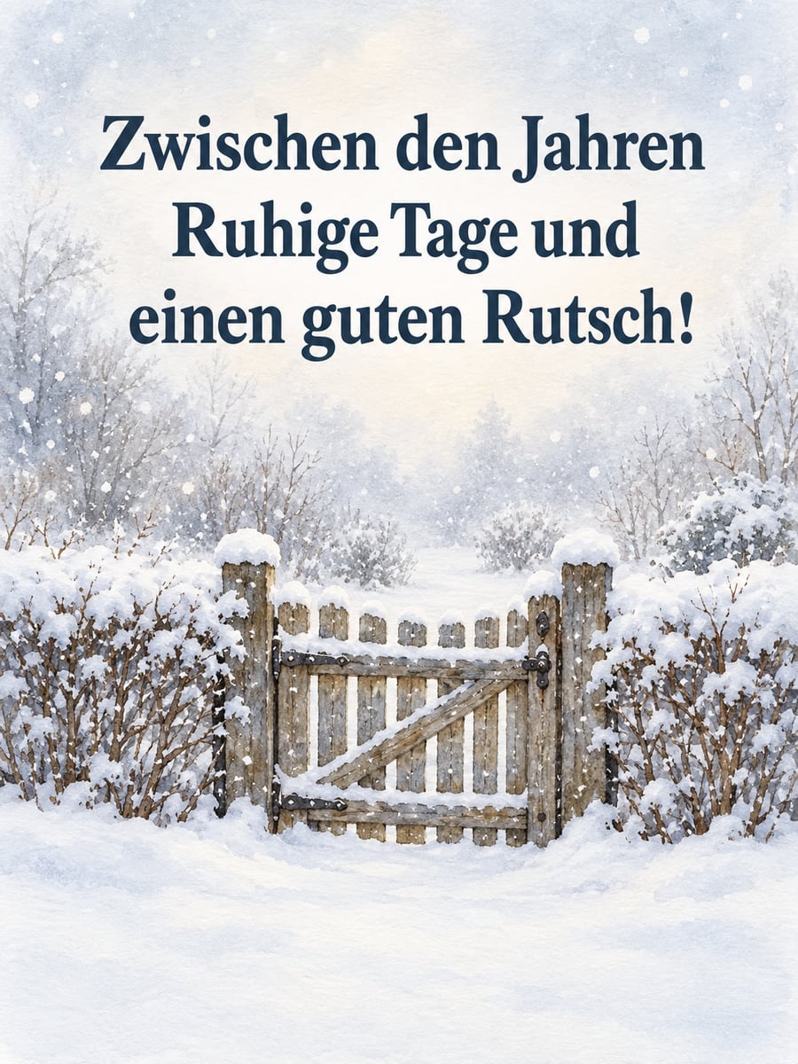Bild zum Jahreswechsel mit dem Text „Zwischen den Jahren“ und „Ruhige Tage und einen guten Rutsch!“ – Motiv: Gartentor, Hecke, Schnee