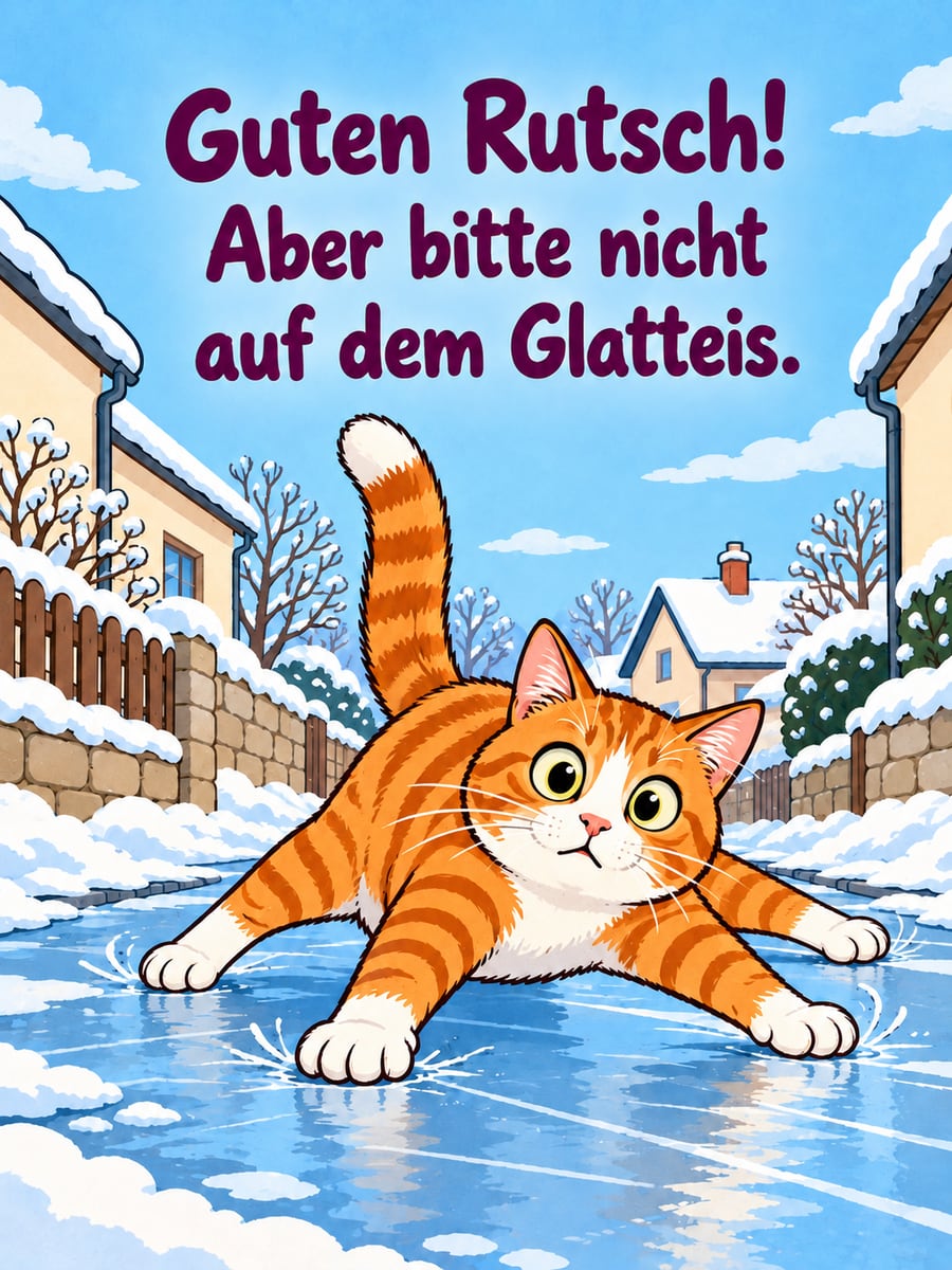 Bild zum Jahreswechsel mit dem Text „Guten Rutsch!“ und „Aber bitte nicht auf dem Glatteis.“ – Motiv: Katze, Glatteis, Pfütze, Gehweg