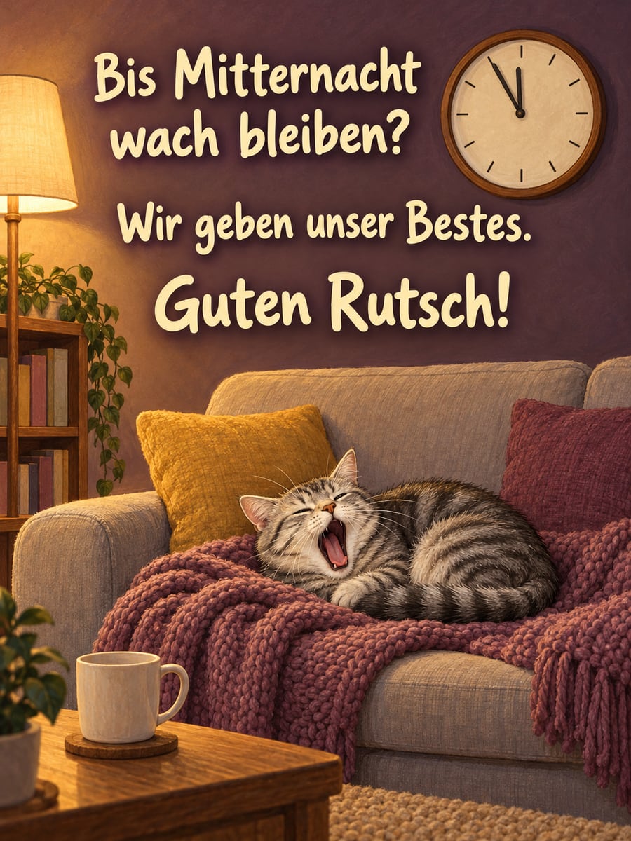 Bild zum Jahreswechsel mit dem Text „Bis Mitternacht wach bleiben?“ und „Wir geben unser Bestes. Guten Rutsch!“ – Motiv: Katze, Sofa, Wanduhr, Decke